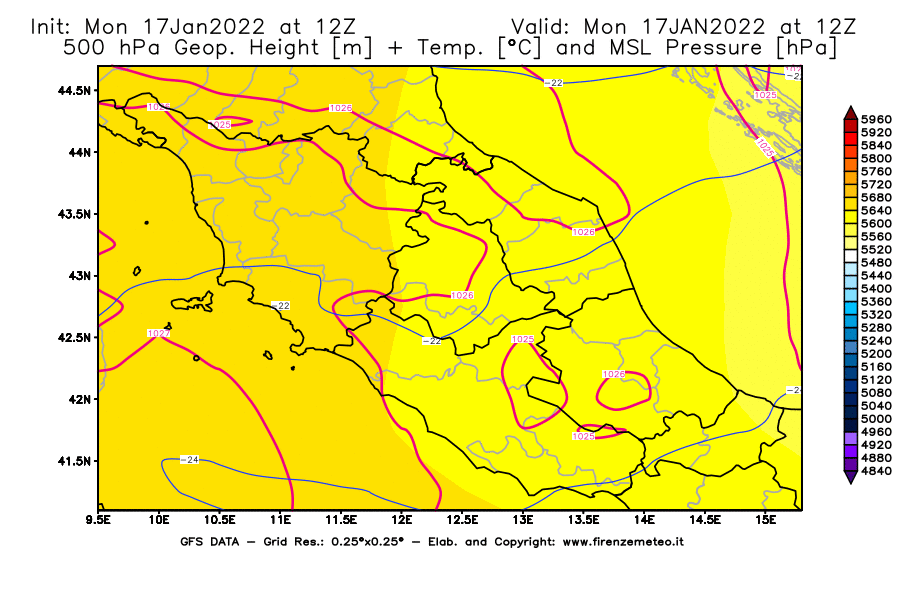 Mappa di analisi GFS - Geopotenziale [m] + Temp. [°C] a 500 hPa + Press. a livello del mare [hPa] in Centro-Italia
							del 17/01/2022 12 <!--googleoff: index-->UTC<!--googleon: index-->