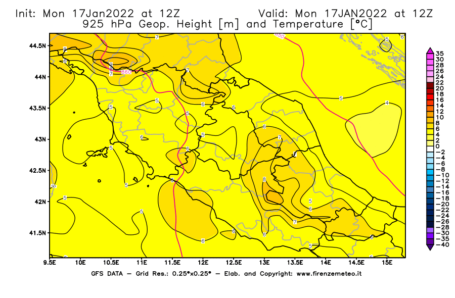 Mappa di analisi GFS - Geopotenziale [m] e Temperatura [°C] a 925 hPa in Centro-Italia
							del 17/01/2022 12 <!--googleoff: index-->UTC<!--googleon: index-->