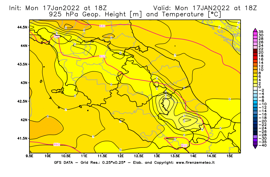 Mappa di analisi GFS - Geopotenziale [m] e Temperatura [°C] a 925 hPa in Centro-Italia
							del 17/01/2022 18 <!--googleoff: index-->UTC<!--googleon: index-->