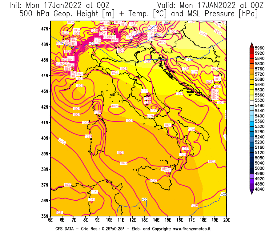 Mappa di analisi GFS - Geopotenziale [m] + Temp. [°C] a 500 hPa + Press. a livello del mare [hPa] in Italia
							del 17/01/2022 00 <!--googleoff: index-->UTC<!--googleon: index-->