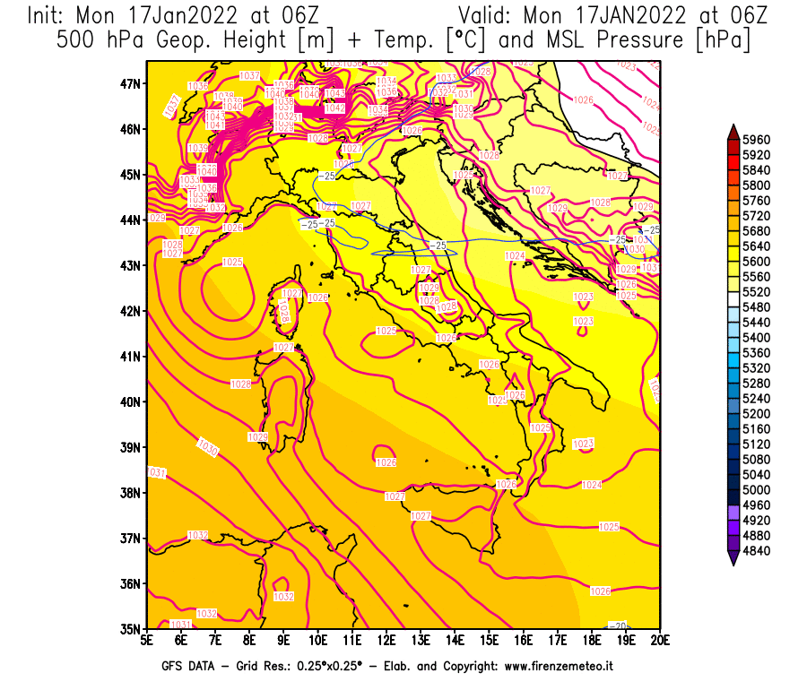 Mappa di analisi GFS - Geopotenziale [m] + Temp. [°C] a 500 hPa + Press. a livello del mare [hPa] in Italia
							del 17/01/2022 06 <!--googleoff: index-->UTC<!--googleon: index-->