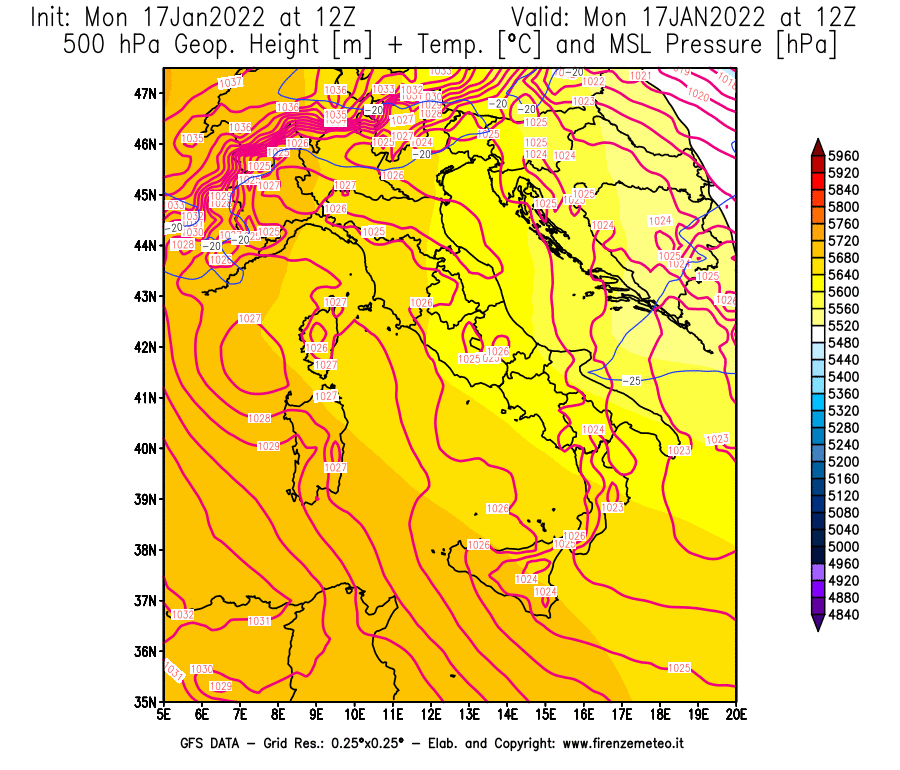 Mappa di analisi GFS - Geopotenziale [m] + Temp. [°C] a 500 hPa + Press. a livello del mare [hPa] in Italia
							del 17/01/2022 12 <!--googleoff: index-->UTC<!--googleon: index-->