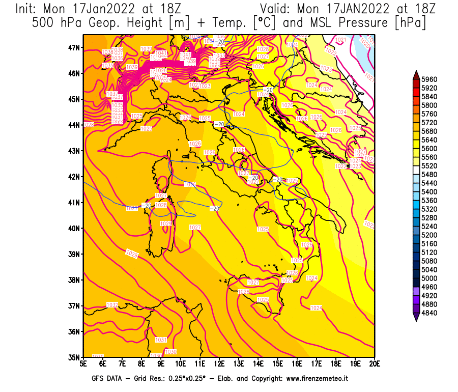 Mappa di analisi GFS - Geopotenziale [m] + Temp. [°C] a 500 hPa + Press. a livello del mare [hPa] in Italia
							del 17/01/2022 18 <!--googleoff: index-->UTC<!--googleon: index-->