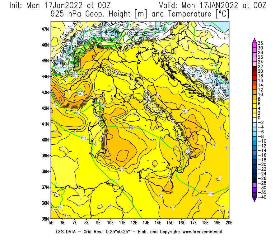 Mappa di analisi GFS - Geopotenziale [m] e Temperatura [°C] a 925 hPa in Italia
							del 17/01/2022 00 <!--googleoff: index-->UTC<!--googleon: index-->