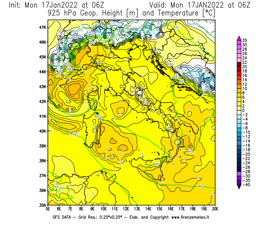 Mappa di analisi GFS - Geopotenziale [m] e Temperatura [°C] a 925 hPa in Italia
							del 17/01/2022 06 <!--googleoff: index-->UTC<!--googleon: index-->