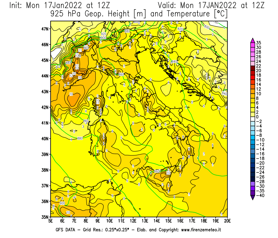 Mappa di analisi GFS - Geopotenziale [m] e Temperatura [°C] a 925 hPa in Italia
							del 17/01/2022 12 <!--googleoff: index-->UTC<!--googleon: index-->