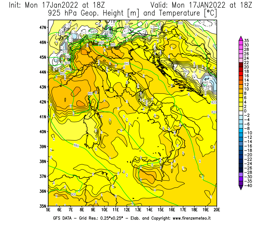Mappa di analisi GFS - Geopotenziale [m] e Temperatura [°C] a 925 hPa in Italia
							del 17/01/2022 18 <!--googleoff: index-->UTC<!--googleon: index-->