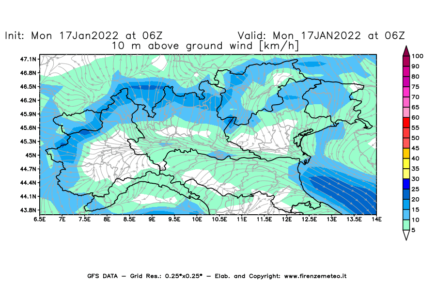 Mappa di analisi GFS - Velocità del vento a 10 metri dal suolo [km/h] in Nord-Italia
							del 17/01/2022 06 <!--googleoff: index-->UTC<!--googleon: index-->