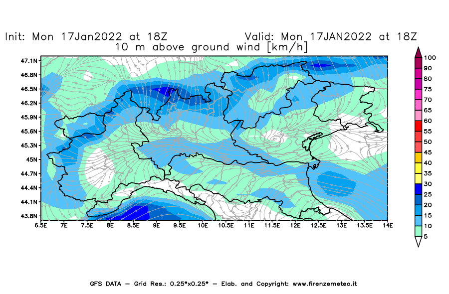 Mappa di analisi GFS - Velocità del vento a 10 metri dal suolo [km/h] in Nord-Italia
							del 17/01/2022 18 <!--googleoff: index-->UTC<!--googleon: index-->