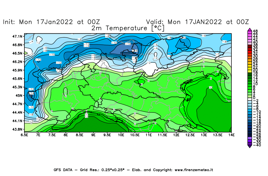 Mappa di analisi GFS - Temperatura a 2 metri dal suolo [°C] in Nord-Italia
							del 17/01/2022 00 <!--googleoff: index-->UTC<!--googleon: index-->