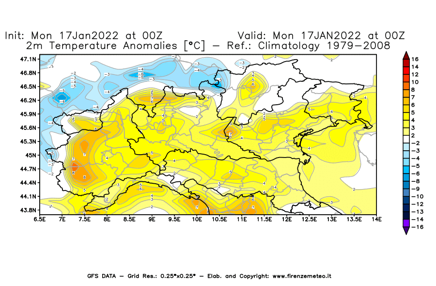 Mappa di analisi GFS - Anomalia Temperatura [°C] a 2 m in Nord-Italia
							del 17/01/2022 00 <!--googleoff: index-->UTC<!--googleon: index-->