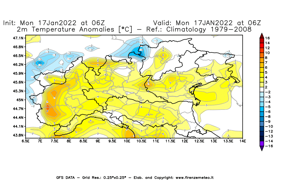 Mappa di analisi GFS - Anomalia Temperatura [°C] a 2 m in Nord-Italia
							del 17/01/2022 06 <!--googleoff: index-->UTC<!--googleon: index-->