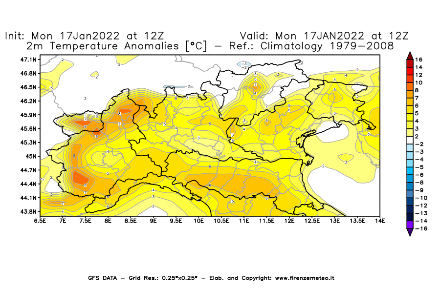 Mappa di analisi GFS - Anomalia Temperatura [°C] a 2 m in Nord-Italia
							del 17/01/2022 12 <!--googleoff: index-->UTC<!--googleon: index-->
