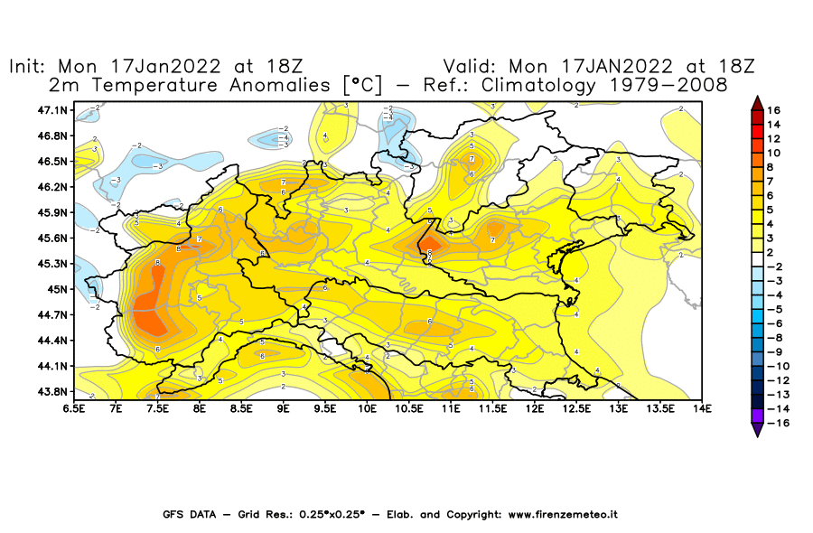 Mappa di analisi GFS - Anomalia Temperatura [°C] a 2 m in Nord-Italia
							del 17/01/2022 18 <!--googleoff: index-->UTC<!--googleon: index-->