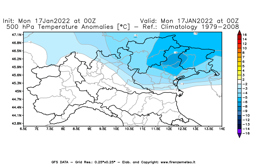 Mappa di analisi GFS - Anomalia Temperatura [°C] a 500 hPa in Nord-Italia
							del 17/01/2022 00 <!--googleoff: index-->UTC<!--googleon: index-->