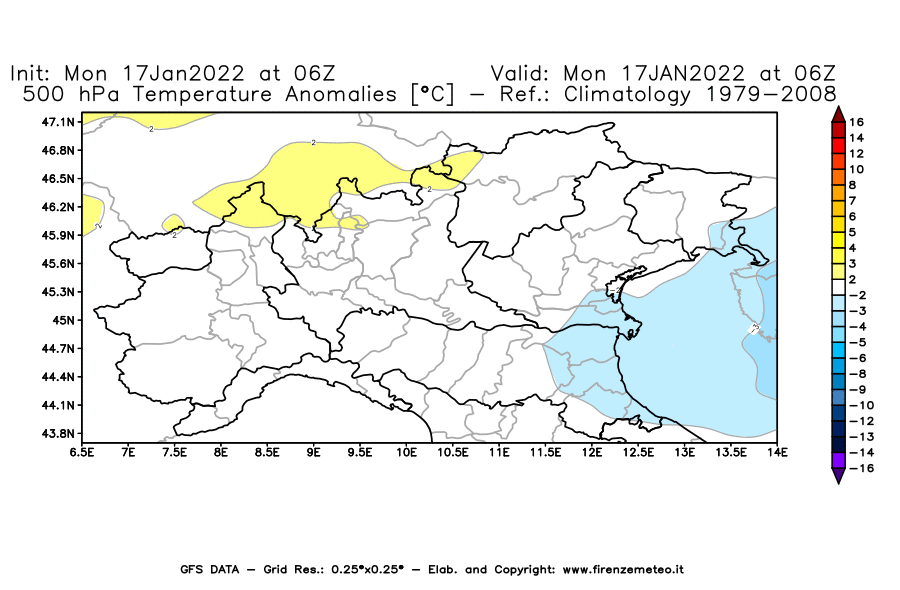 Mappa di analisi GFS - Anomalia Temperatura [°C] a 500 hPa in Nord-Italia
							del 17/01/2022 06 <!--googleoff: index-->UTC<!--googleon: index-->