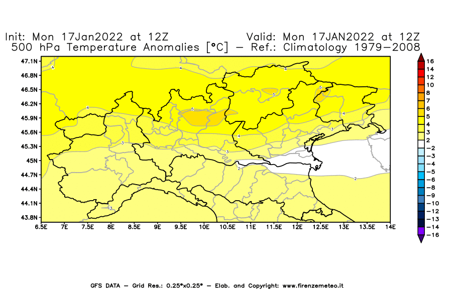 Mappa di analisi GFS - Anomalia Temperatura [°C] a 500 hPa in Nord-Italia
							del 17/01/2022 12 <!--googleoff: index-->UTC<!--googleon: index-->