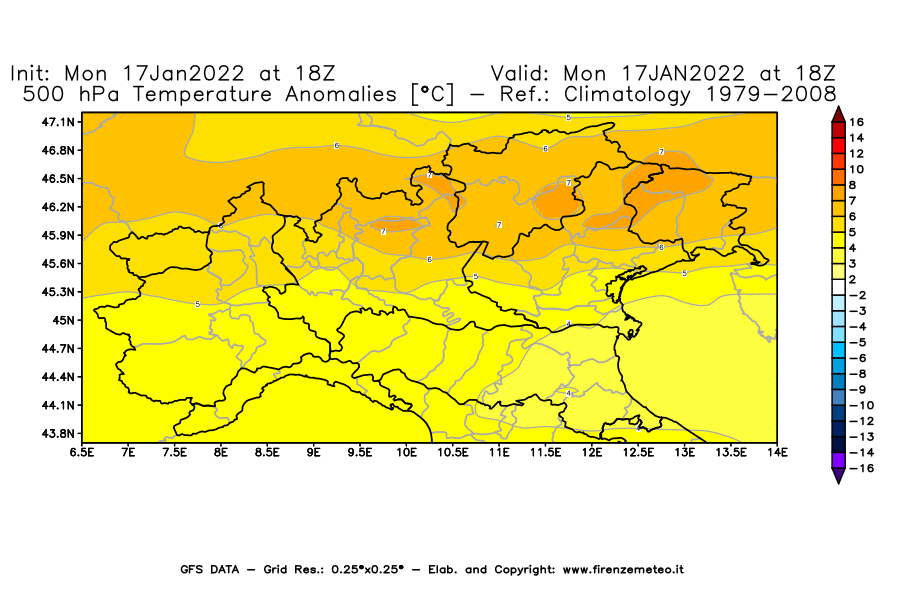 Mappa di analisi GFS - Anomalia Temperatura [°C] a 500 hPa in Nord-Italia
							del 17/01/2022 18 <!--googleoff: index-->UTC<!--googleon: index-->