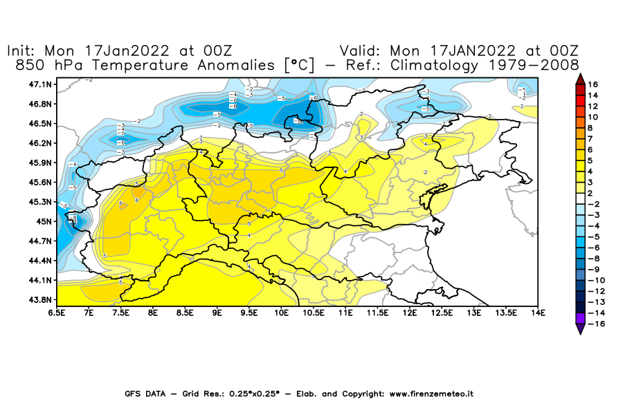 Mappa di analisi GFS - Anomalia Temperatura [°C] a 850 hPa in Nord-Italia
							del 17/01/2022 00 <!--googleoff: index-->UTC<!--googleon: index-->