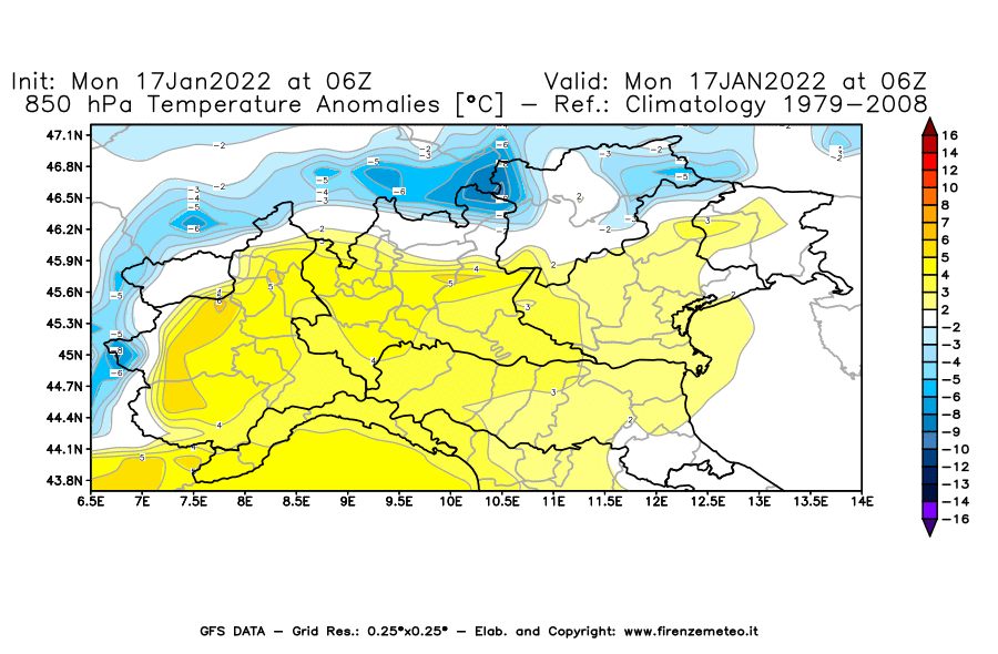 Mappa di analisi GFS - Anomalia Temperatura [°C] a 850 hPa in Nord-Italia
							del 17/01/2022 06 <!--googleoff: index-->UTC<!--googleon: index-->