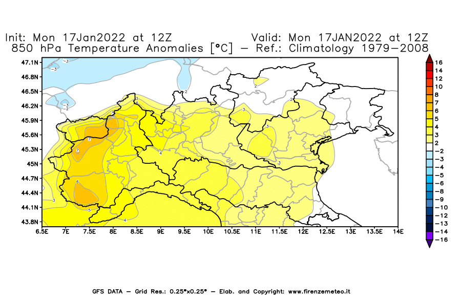 Mappa di analisi GFS - Anomalia Temperatura [°C] a 850 hPa in Nord-Italia
							del 17/01/2022 12 <!--googleoff: index-->UTC<!--googleon: index-->