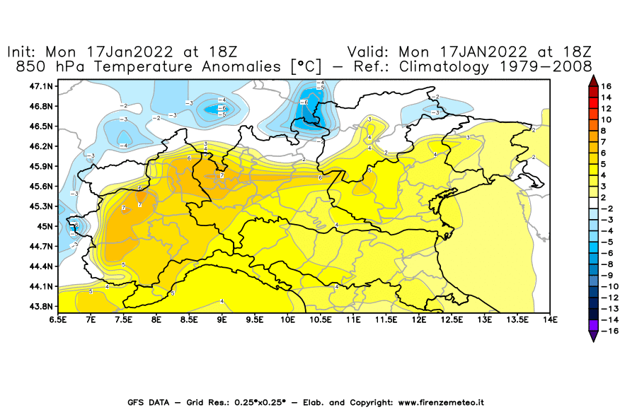 Mappa di analisi GFS - Anomalia Temperatura [°C] a 850 hPa in Nord-Italia
							del 17/01/2022 18 <!--googleoff: index-->UTC<!--googleon: index-->
