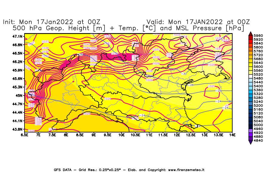 Mappa di analisi GFS - Geopotenziale [m] + Temp. [°C] a 500 hPa + Press. a livello del mare [hPa] in Nord-Italia
							del 17/01/2022 00 <!--googleoff: index-->UTC<!--googleon: index-->