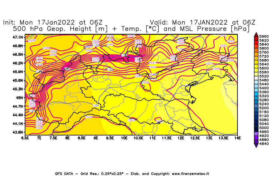 Mappa di analisi GFS - Geopotenziale [m] + Temp. [°C] a 500 hPa + Press. a livello del mare [hPa] in Nord-Italia
							del 17/01/2022 06 <!--googleoff: index-->UTC<!--googleon: index-->