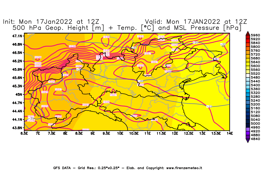 Mappa di analisi GFS - Geopotenziale [m] + Temp. [°C] a 500 hPa + Press. a livello del mare [hPa] in Nord-Italia
							del 17/01/2022 12 <!--googleoff: index-->UTC<!--googleon: index-->
