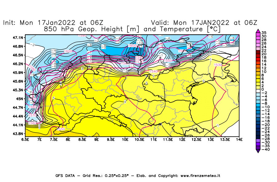 Mappa di analisi GFS - Geopotenziale [m] e Temperatura [°C] a 850 hPa in Nord-Italia
							del 17/01/2022 06 <!--googleoff: index-->UTC<!--googleon: index-->