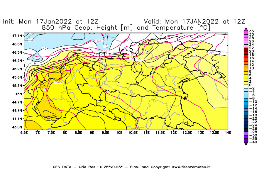 Mappa di analisi GFS - Geopotenziale [m] e Temperatura [°C] a 850 hPa in Nord-Italia
							del 17/01/2022 12 <!--googleoff: index-->UTC<!--googleon: index-->
