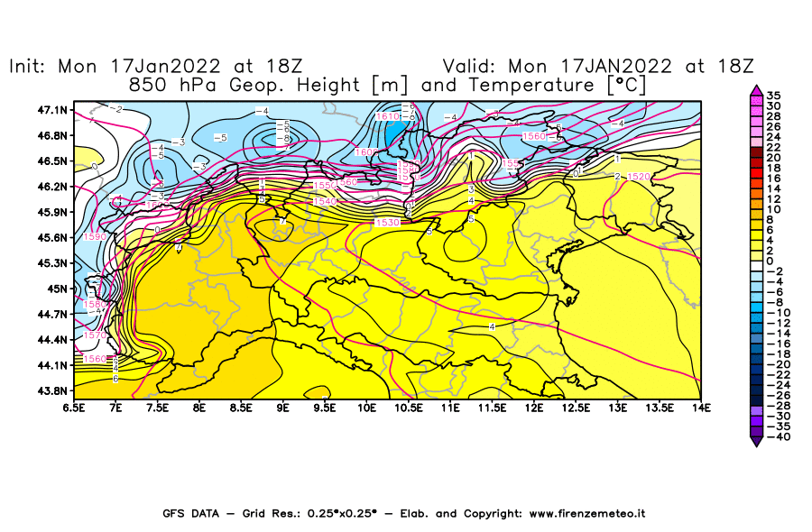 Mappa di analisi GFS - Geopotenziale [m] e Temperatura [°C] a 850 hPa in Nord-Italia
							del 17/01/2022 18 <!--googleoff: index-->UTC<!--googleon: index-->