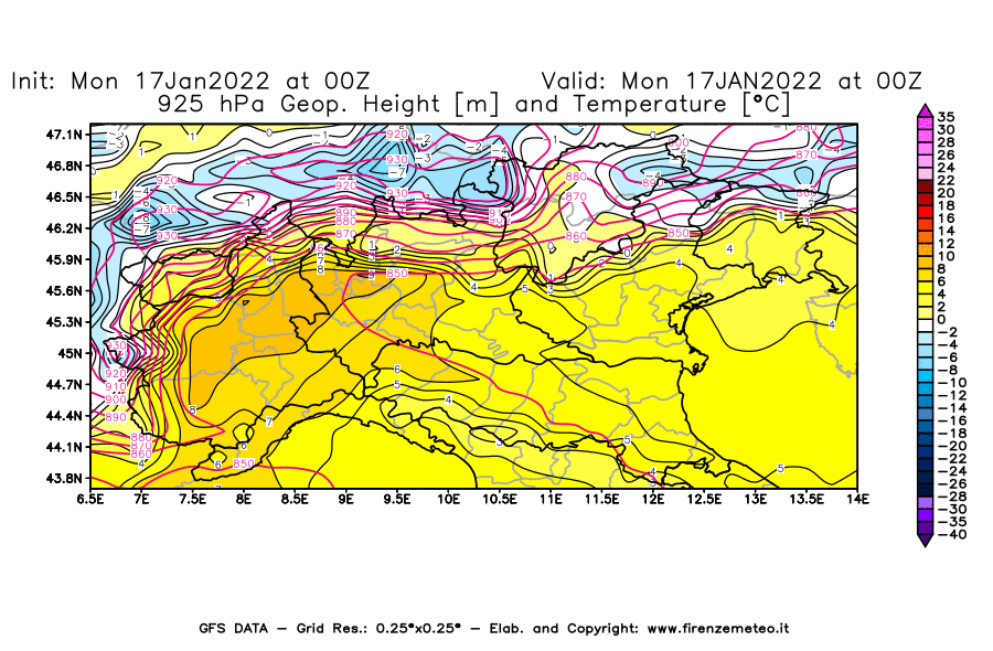 Mappa di analisi GFS - Geopotenziale [m] e Temperatura [°C] a 925 hPa in Nord-Italia
							del 17/01/2022 00 <!--googleoff: index-->UTC<!--googleon: index-->