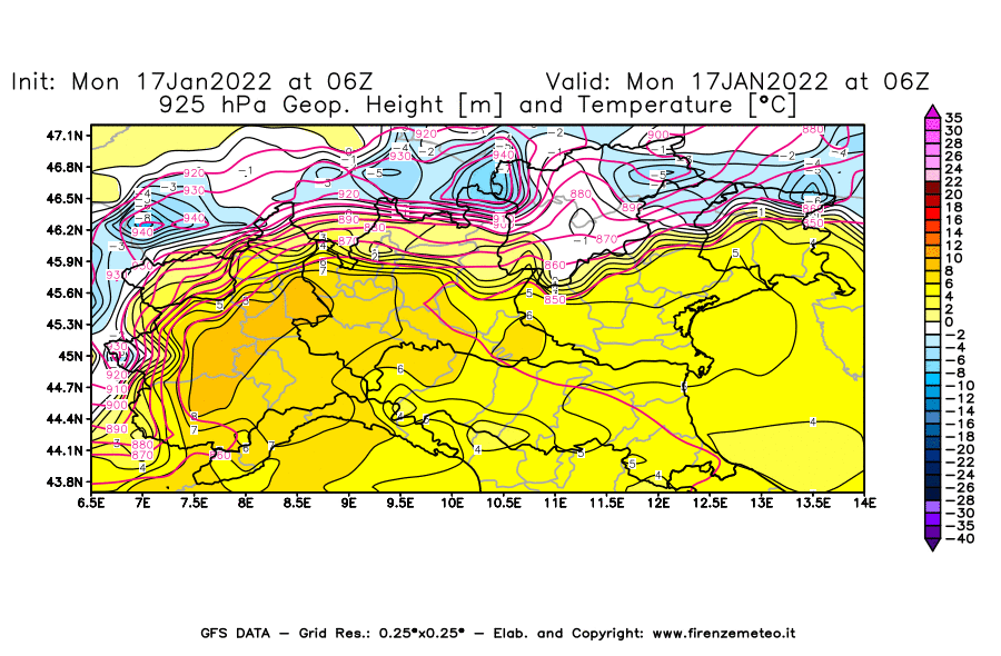 Mappa di analisi GFS - Geopotenziale [m] e Temperatura [°C] a 925 hPa in Nord-Italia
							del 17/01/2022 06 <!--googleoff: index-->UTC<!--googleon: index-->