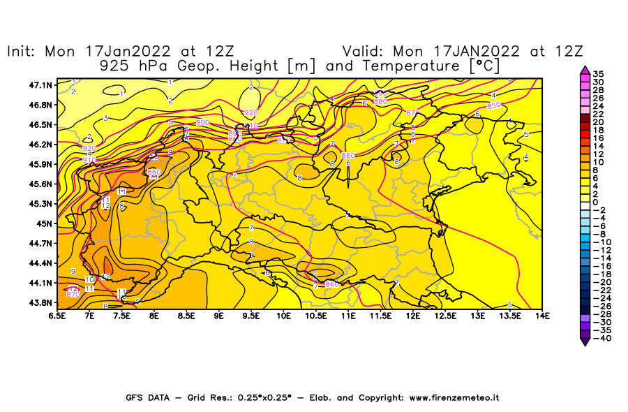 Mappa di analisi GFS - Geopotenziale [m] e Temperatura [°C] a 925 hPa in Nord-Italia
							del 17/01/2022 12 <!--googleoff: index-->UTC<!--googleon: index-->