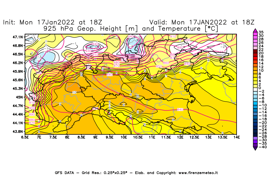 Mappa di analisi GFS - Geopotenziale [m] e Temperatura [°C] a 925 hPa in Nord-Italia
							del 17/01/2022 18 <!--googleoff: index-->UTC<!--googleon: index-->