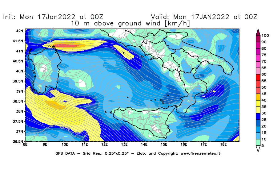 Mappa di analisi GFS - Velocità del vento a 10 metri dal suolo [km/h] in Sud-Italia
							del 17/01/2022 00 <!--googleoff: index-->UTC<!--googleon: index-->