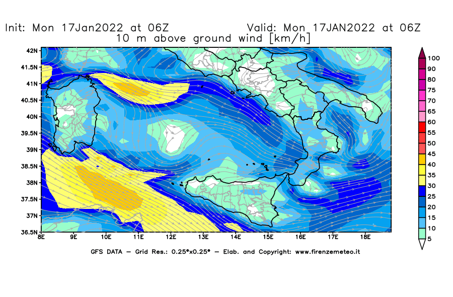 Mappa di analisi GFS - Velocità del vento a 10 metri dal suolo [km/h] in Sud-Italia
							del 17/01/2022 06 <!--googleoff: index-->UTC<!--googleon: index-->
