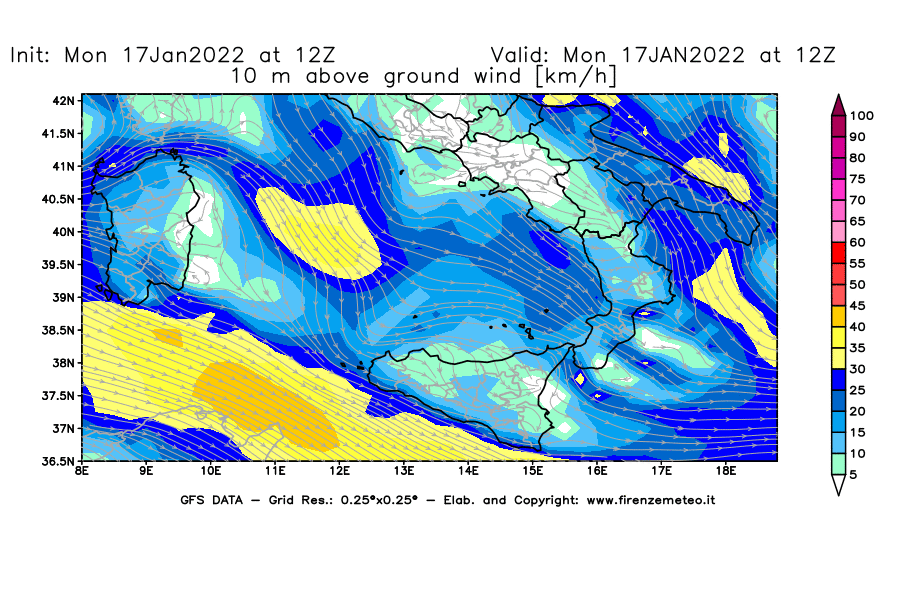 Mappa di analisi GFS - Velocità del vento a 10 metri dal suolo [km/h] in Sud-Italia
							del 17/01/2022 12 <!--googleoff: index-->UTC<!--googleon: index-->