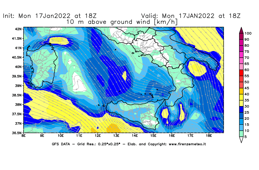 Mappa di analisi GFS - Velocità del vento a 10 metri dal suolo [km/h] in Sud-Italia
							del 17/01/2022 18 <!--googleoff: index-->UTC<!--googleon: index-->
