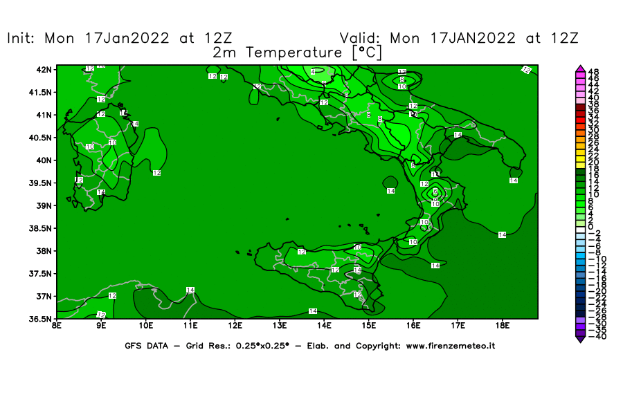 Mappa di analisi GFS - Temperatura a 2 metri dal suolo [°C] in Sud-Italia
							del 17/01/2022 12 <!--googleoff: index-->UTC<!--googleon: index-->