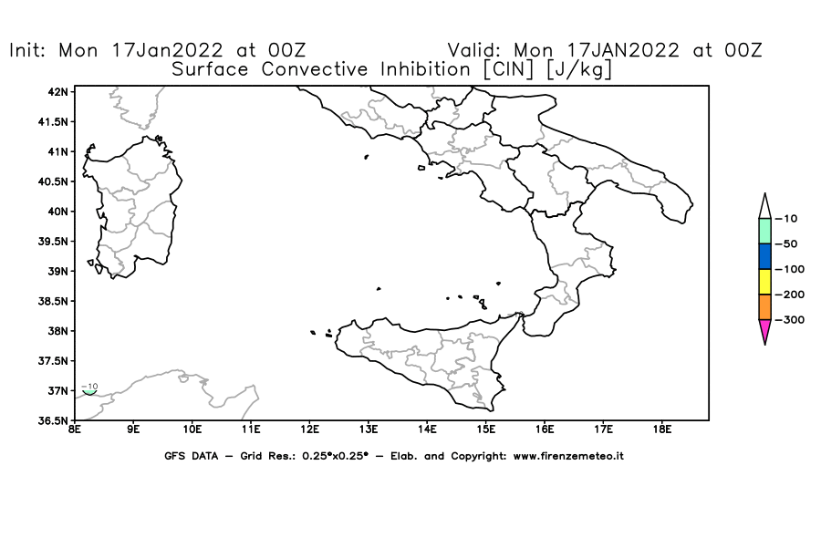 Mappa di analisi GFS - CIN [J/kg] in Sud-Italia
							del 17/01/2022 00 <!--googleoff: index-->UTC<!--googleon: index-->