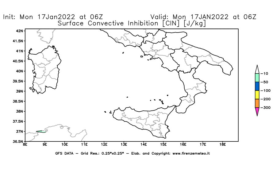 Mappa di analisi GFS - CIN [J/kg] in Sud-Italia
							del 17/01/2022 06 <!--googleoff: index-->UTC<!--googleon: index-->