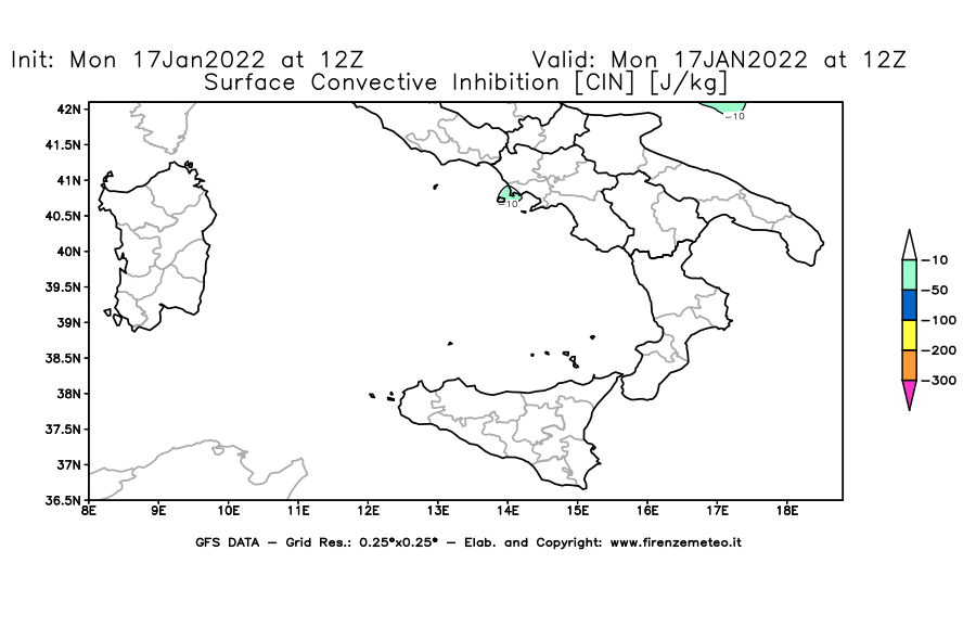 Mappa di analisi GFS - CIN [J/kg] in Sud-Italia
							del 17/01/2022 12 <!--googleoff: index-->UTC<!--googleon: index-->