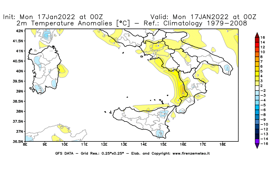 Mappa di analisi GFS - Anomalia Temperatura [°C] a 2 m in Sud-Italia
							del 17/01/2022 00 <!--googleoff: index-->UTC<!--googleon: index-->