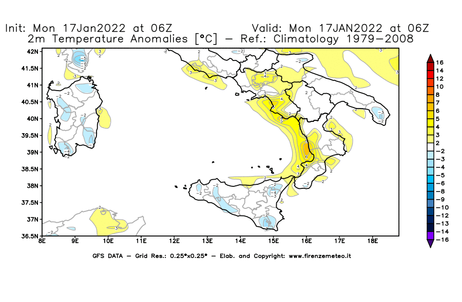 Mappa di analisi GFS - Anomalia Temperatura [°C] a 2 m in Sud-Italia
							del 17/01/2022 06 <!--googleoff: index-->UTC<!--googleon: index-->