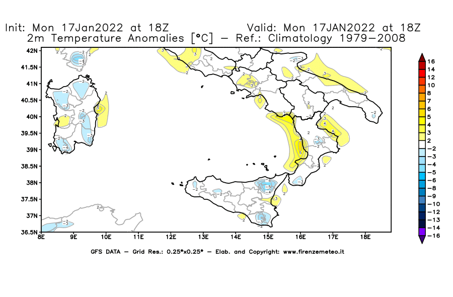 Mappa di analisi GFS - Anomalia Temperatura [°C] a 2 m in Sud-Italia
							del 17/01/2022 18 <!--googleoff: index-->UTC<!--googleon: index-->