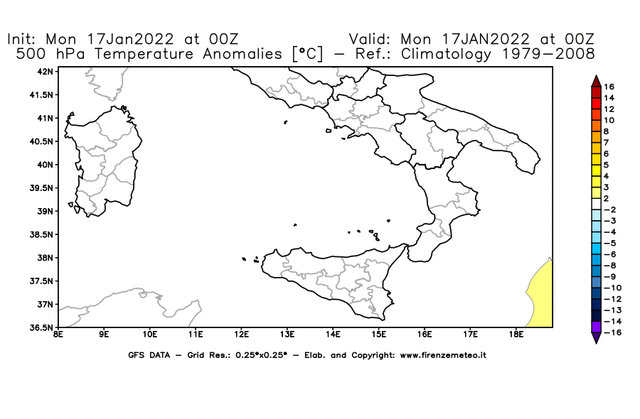 Mappa di analisi GFS - Anomalia Temperatura [°C] a 500 hPa in Sud-Italia
							del 17/01/2022 00 <!--googleoff: index-->UTC<!--googleon: index-->