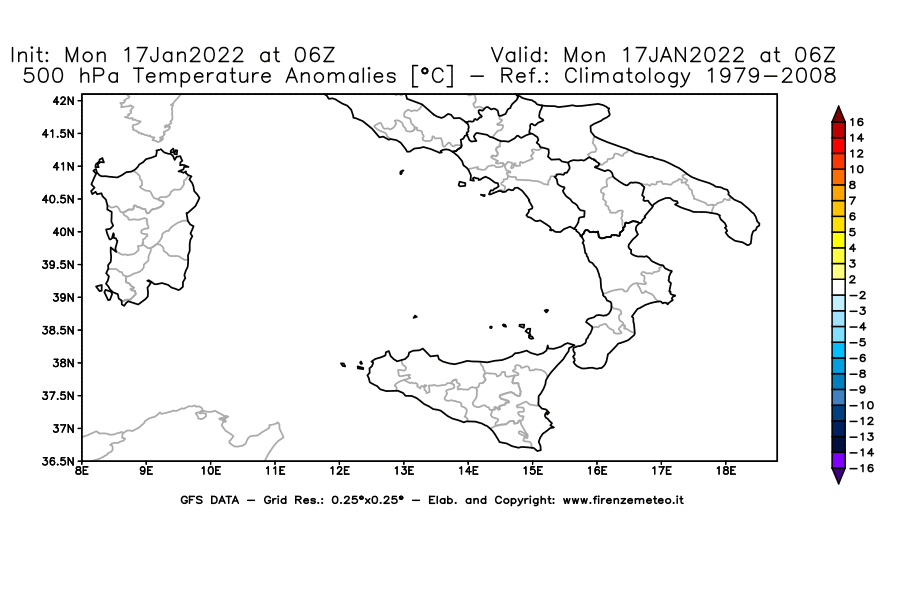 Mappa di analisi GFS - Anomalia Temperatura [°C] a 500 hPa in Sud-Italia
							del 17/01/2022 06 <!--googleoff: index-->UTC<!--googleon: index-->