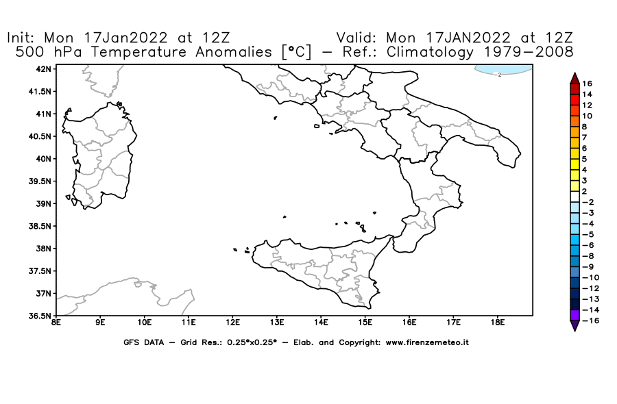 Mappa di analisi GFS - Anomalia Temperatura [°C] a 500 hPa in Sud-Italia
							del 17/01/2022 12 <!--googleoff: index-->UTC<!--googleon: index-->